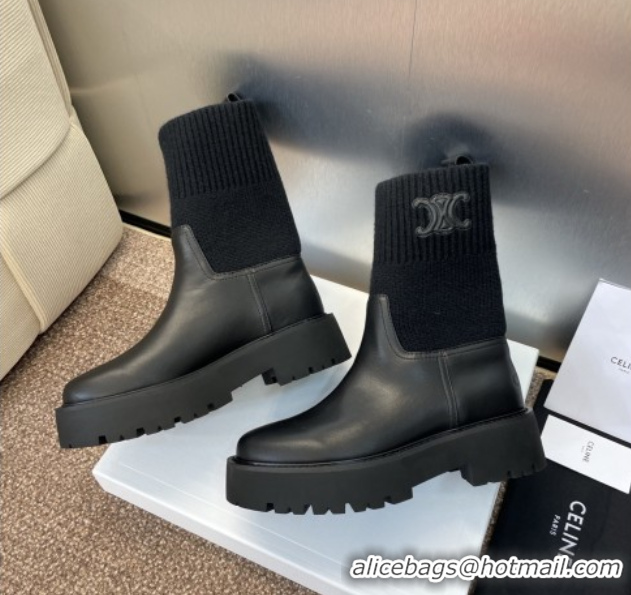 Best Price Celine Leather and Knit Ankle Boots 5cm Black 2025 CE082605