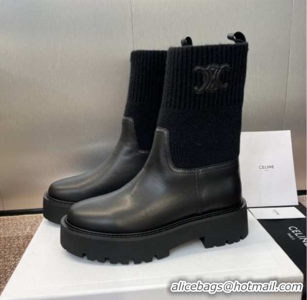 Best Price Celine Leather and Knit Ankle Boots 5cm Black 2025 CE082605