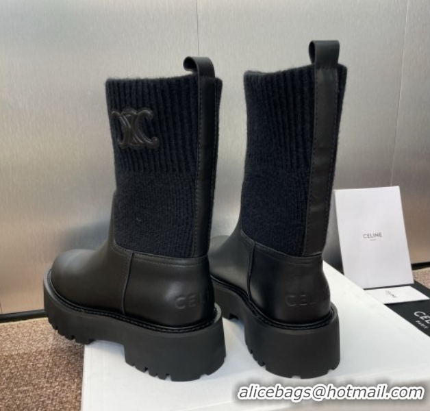 Best Price Celine Leather and Knit Ankle Boots 5cm Black 2025 CE082605