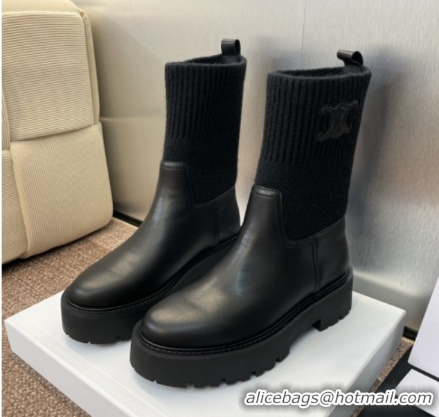 Best Price Celine Leather and Knit Ankle Boots 5cm Black 2025 CE082605