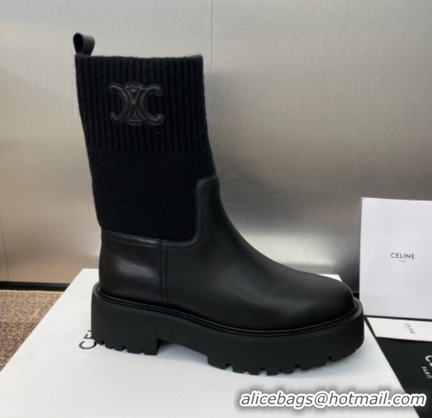 Best Price Celine Leather and Knit Ankle Boots 5cm Black 2025 CE082605