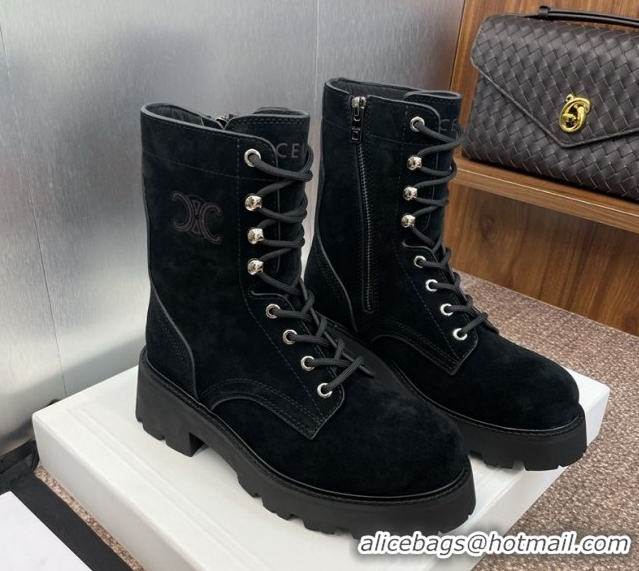 Purchase Celine Triomphe Rangers Mid Lace-up Boots 5cm in Suede Black 2025 CE082606
