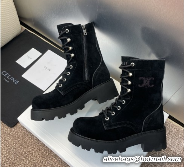 Purchase Celine Triomphe Rangers Mid Lace-up Boots 5cm in Suede Black 2025 CE082606