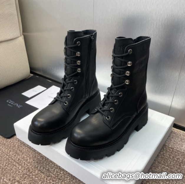 Grade Quality Celine Triomphe Rangers Mid Lace-up Boots 5cm in Calfskin Black 2025 CE082606