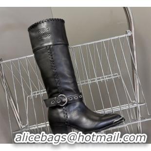 Luxurious Celine Calfskin Heel High Boots 4.5cm with Buckle and Braided Trim Black CE082607