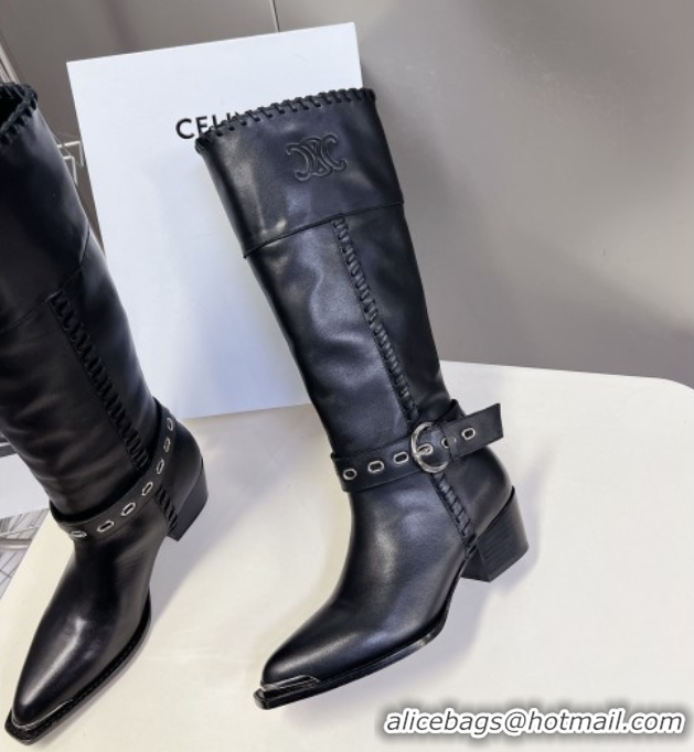 Luxurious Celine Calfskin Heel High Boots 4.5cm with Buckle and Braided Trim Black CE082607
