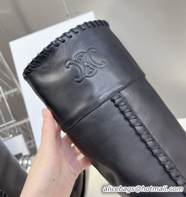 Luxurious Celine Calfskin Heel High Boots 4.5cm with Buckle and Braided Trim Black CE082607