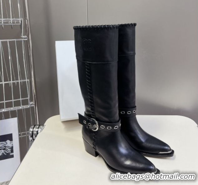 Luxurious Celine Calfskin Heel High Boots 4.5cm with Buckle and Braided Trim Black CE082607