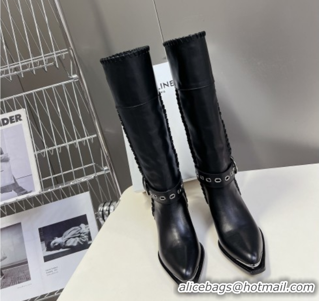 Luxurious Celine Calfskin Heel High Boots 4.5cm with Buckle and Braided Trim Black CE082607