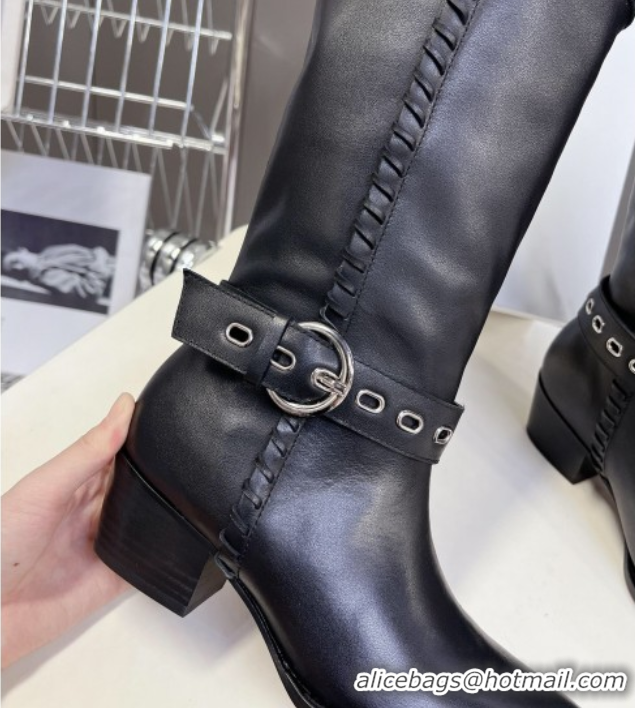 Luxurious Celine Calfskin Heel High Boots 4.5cm with Buckle and Braided Trim Black CE082607
