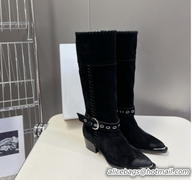 Good Quality Celine Suede Heel High Boots 4.5cm with Buckle and Braided Trim Black 2025 CE082607