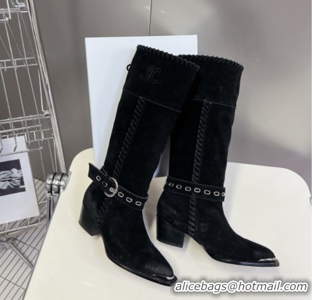 Good Quality Celine Suede Heel High Boots 4.5cm with Buckle and Braided Trim Black 2025 CE082607