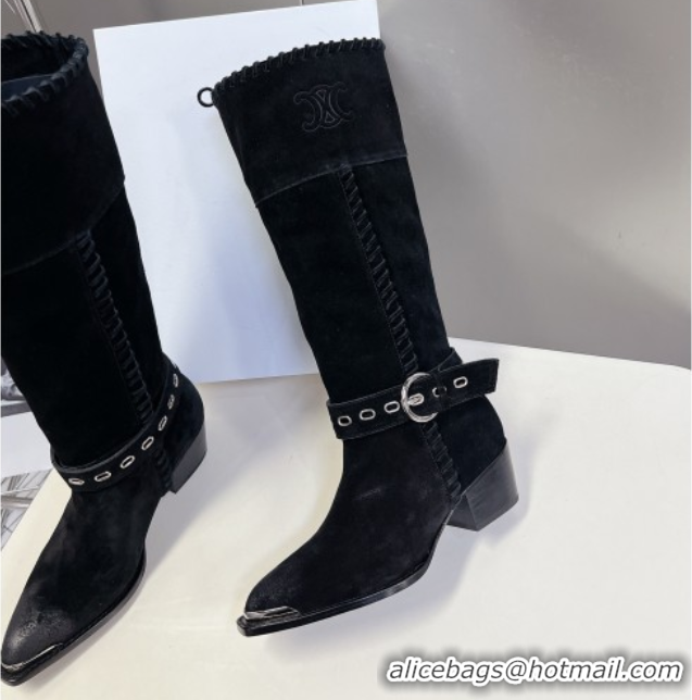 Good Quality Celine Suede Heel High Boots 4.5cm with Buckle and Braided Trim Black 2025 CE082607