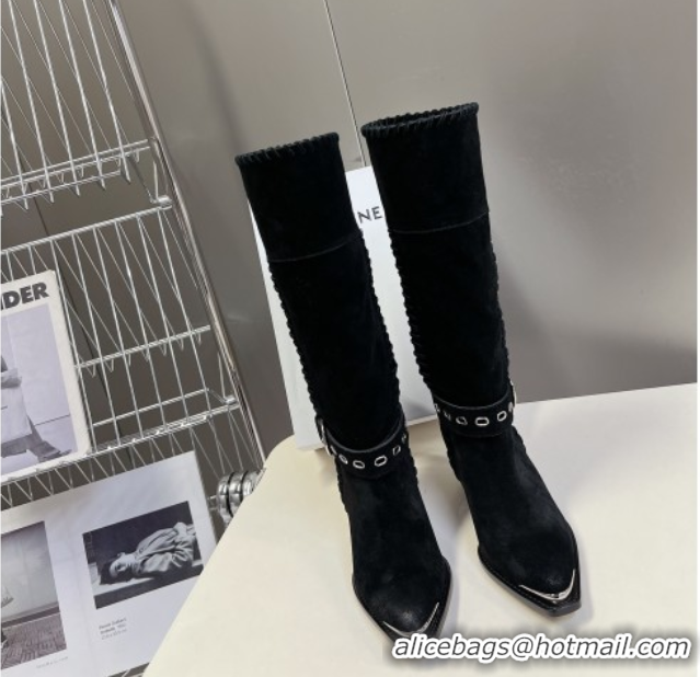 Good Quality Celine Suede Heel High Boots 4.5cm with Buckle and Braided Trim Black 2025 CE082607