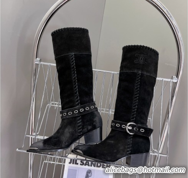 Good Quality Celine Suede Heel High Boots 4.5cm with Buckle and Braided Trim Black 2025 CE082607