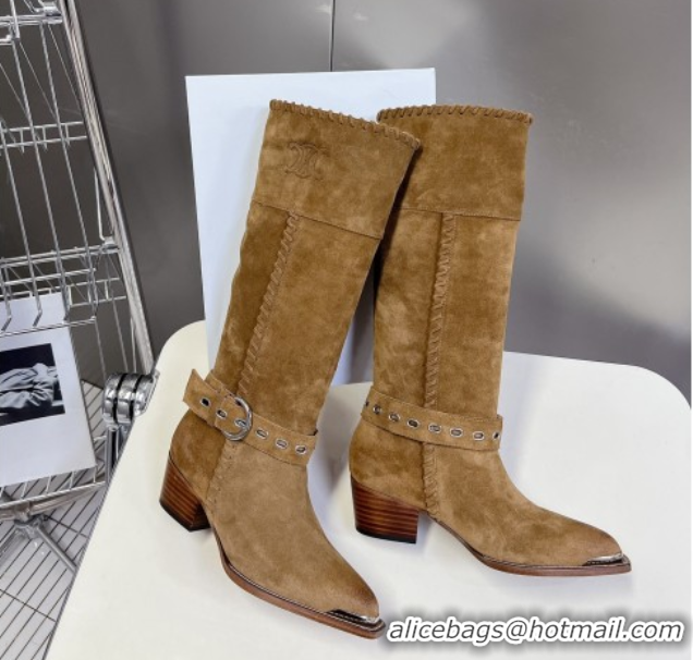 Good Product Celine Suede Heel High Boots 4.5cm with Buckle and Braided Trim Khaki 2025 CE082607