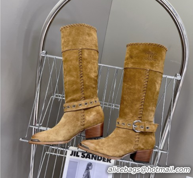 Good Product Celine Suede Heel High Boots 4.5cm with Buckle and Braided Trim Khaki 2025 CE082607