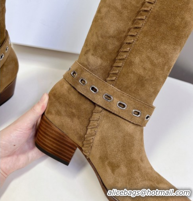 Good Product Celine Suede Heel High Boots 4.5cm with Buckle and Braided Trim Khaki 2025 CE082607