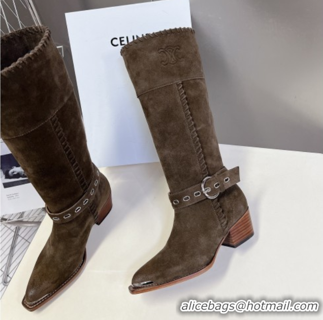 Popular Style Celine Suede Heel High Boots 4.5cm with Buckle and Braided Trim Green 2025 CE082607
