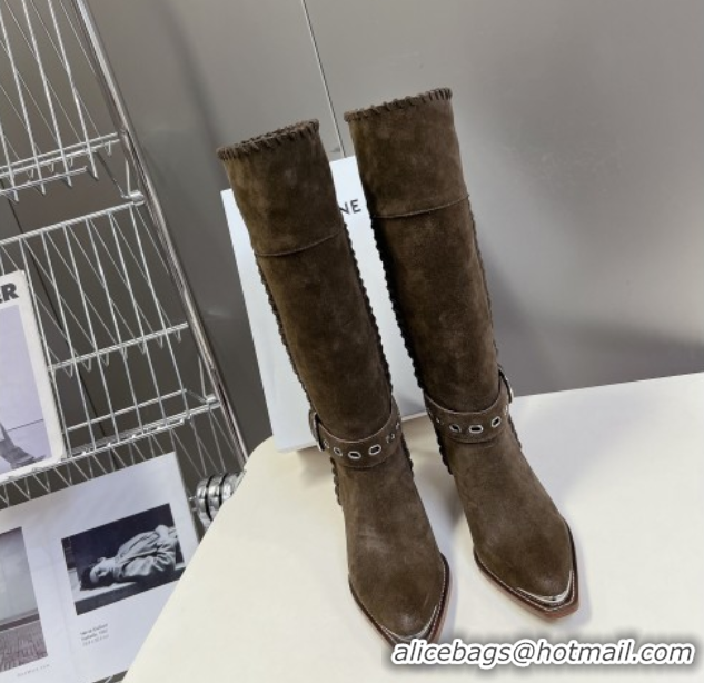Popular Style Celine Suede Heel High Boots 4.5cm with Buckle and Braided Trim Green 2025 CE082607
