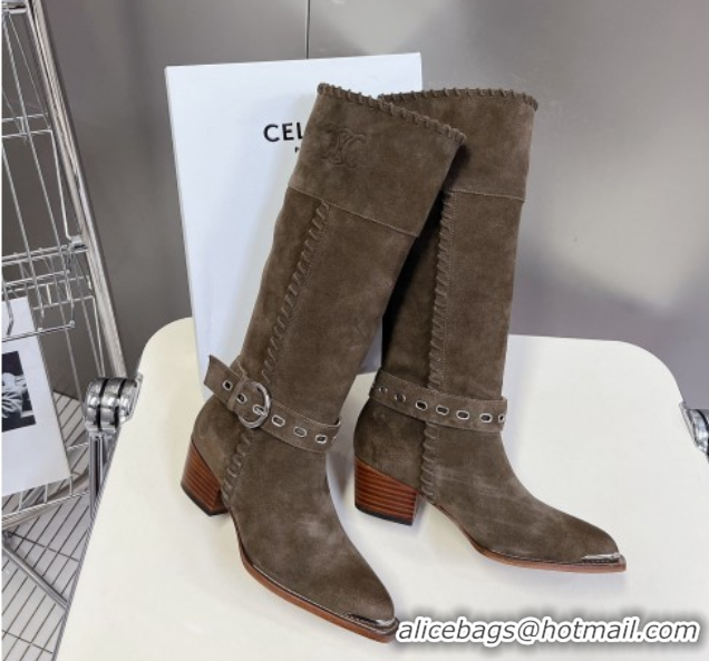 Popular Style Celine Suede Heel High Boots 4.5cm with Buckle and Braided Trim Green 2025 CE082607