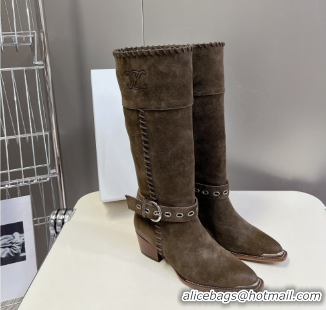 Popular Style Celine Suede Heel High Boots 4.5cm with Buckle and Braided Trim Green 2025 CE082607