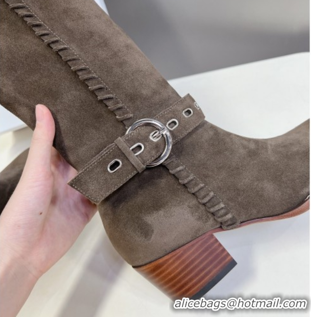 Popular Style Celine Suede Heel High Boots 4.5cm with Buckle and Braided Trim Green 2025 CE082607
