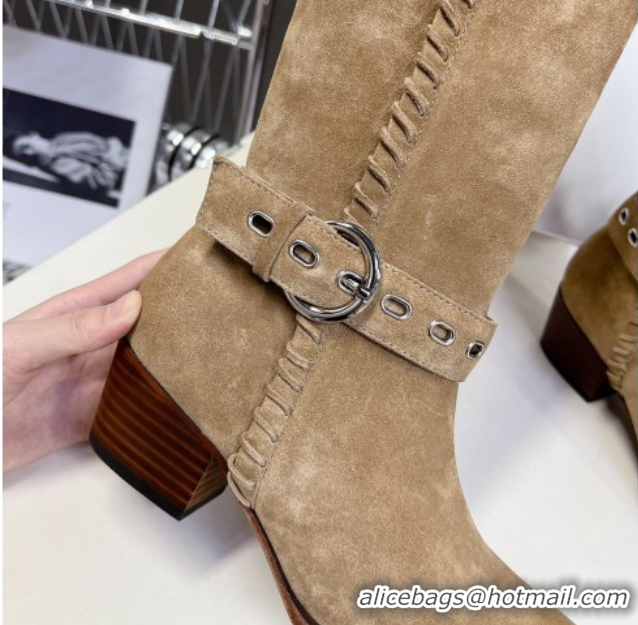 Luxury Cheap Celine Suede Heel High Boots 4.5cm with Buckle and Braided Trim Beige 2025 CE082607