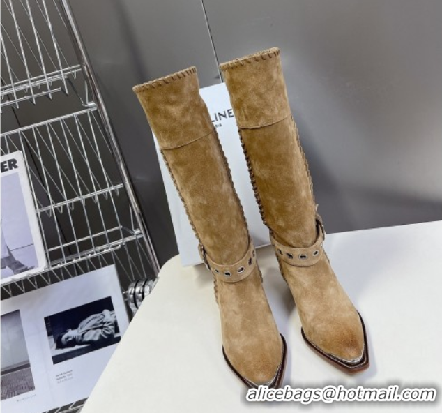 Luxury Cheap Celine Suede Heel High Boots 4.5cm with Buckle and Braided Trim Beige 2025 CE082607