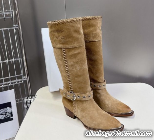 Luxury Cheap Celine Suede Heel High Boots 4.5cm with Buckle and Braided Trim Beige 2025 CE082607