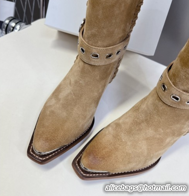 Luxury Cheap Celine Suede Heel High Boots 4.5cm with Buckle and Braided Trim Beige 2025 CE082607