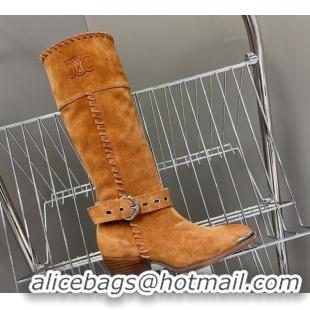 Low Price Celine Suede Heel High Boots 4.5cm with Buckle and Braided Trim Brown 2025 CE082607