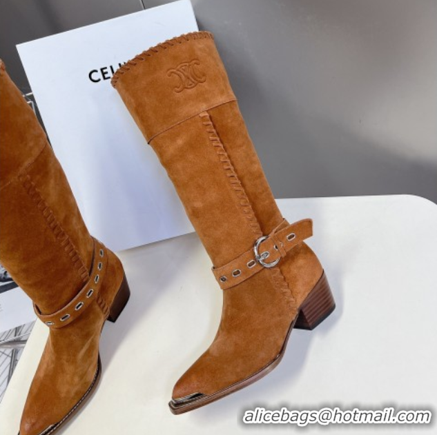 Low Price Celine Suede Heel High Boots 4.5cm with Buckle and Braided Trim Brown 2025 CE082607