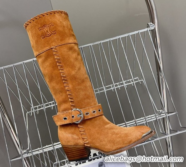 Low Price Celine Suede Heel High Boots 4.5cm with Buckle and Braided Trim Brown 2025 CE082607