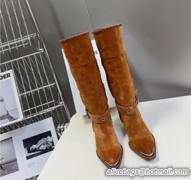 Low Price Celine Suede Heel High Boots 4.5cm with Buckle and Braided Trim Brown 2025 CE082607
