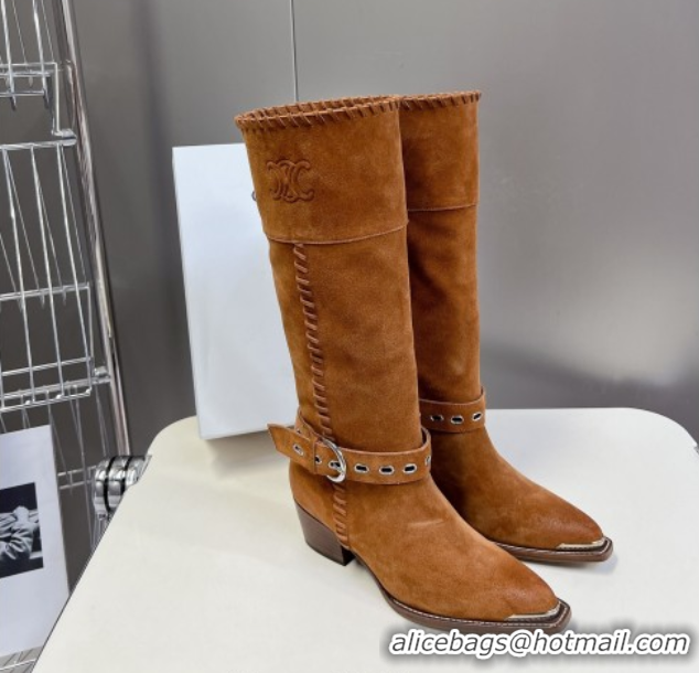 Low Price Celine Suede Heel High Boots 4.5cm with Buckle and Braided Trim Brown 2025 CE082607