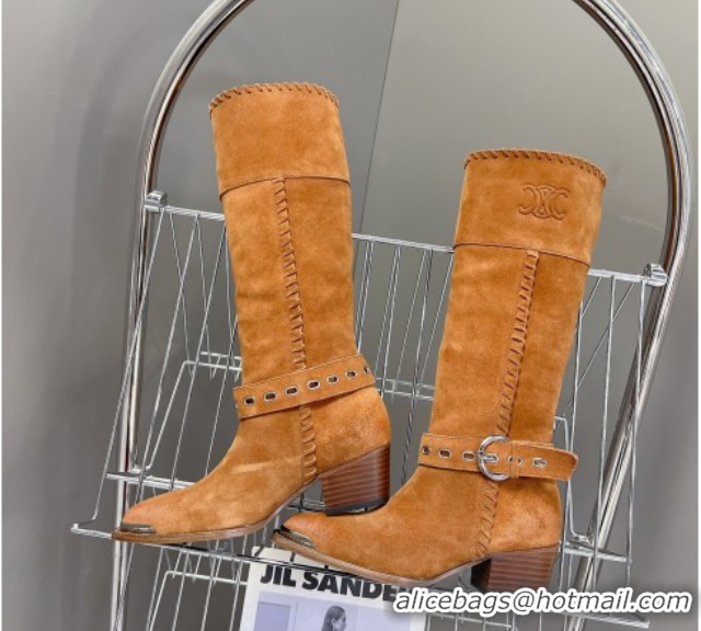 Low Price Celine Suede Heel High Boots 4.5cm with Buckle and Braided Trim Brown 2025 CE082607