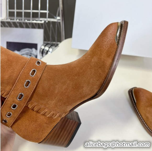 Low Price Celine Suede Heel High Boots 4.5cm with Buckle and Braided Trim Brown 2025 CE082607