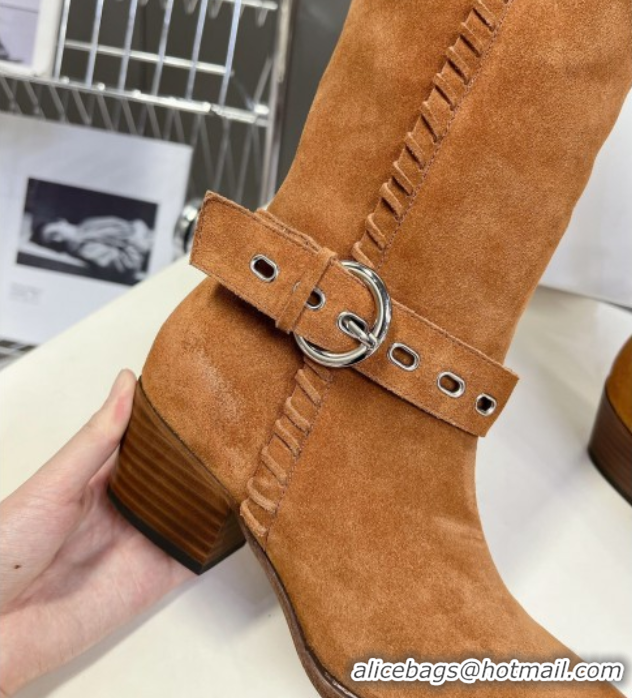 Low Price Celine Suede Heel High Boots 4.5cm with Buckle and Braided Trim Brown 2025 CE082607