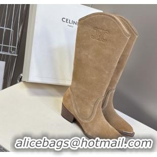 Charming Celine Suede Heel Mid Boots 4.5cm with Stitches Beige 2025 CE082608