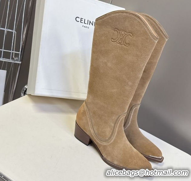 Charming Celine Suede Heel Mid Boots 4.5cm with Stitches Beige 2025 CE082608