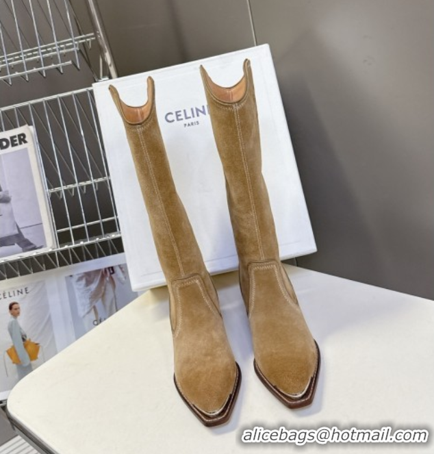 Charming Celine Suede Heel Mid Boots 4.5cm with Stitches Beige 2025 CE082608