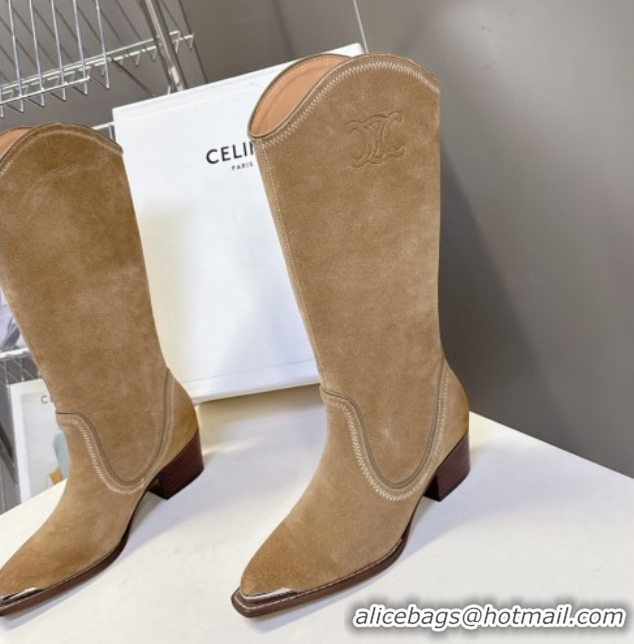 Charming Celine Suede Heel Mid Boots 4.5cm with Stitches Beige 2025 CE082608
