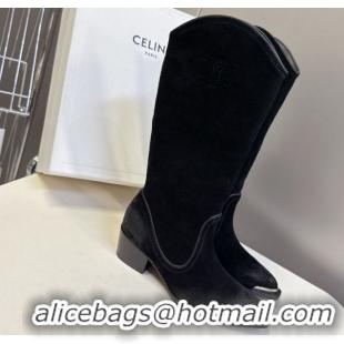 Good Quality Celine Suede Heel Mid Boots 4.5cm with Stitches Black 2025 CE082608
