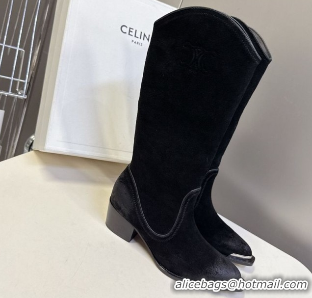 Good Quality Celine Suede Heel Mid Boots 4.5cm with Stitches Black 2025 CE082608