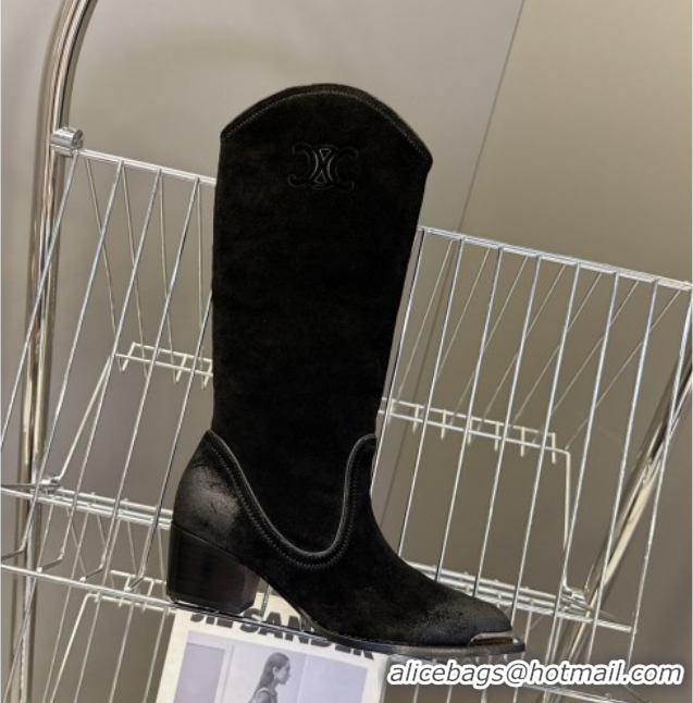 Good Quality Celine Suede Heel Mid Boots 4.5cm with Stitches Black 2025 CE082608