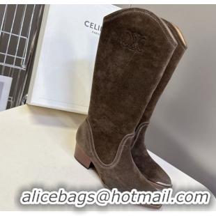 Best Product Celine Suede Heel Mid Boots 4.5cm with Stitches Dark Brown 2025 CE082608