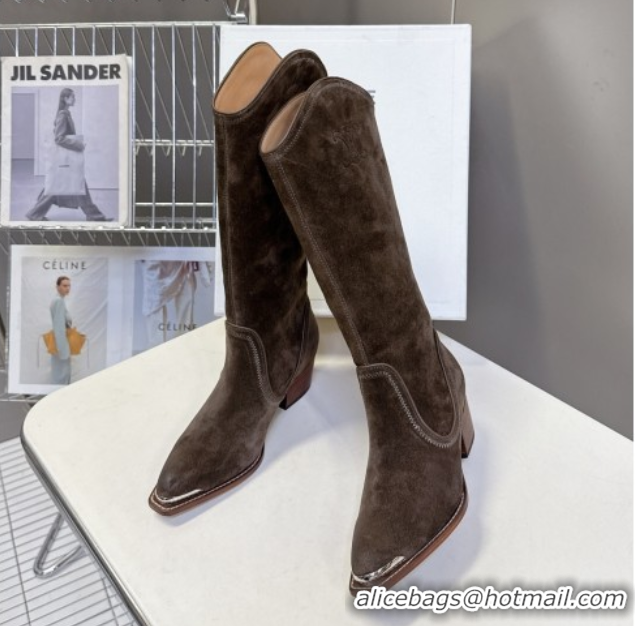 Best Product Celine Suede Heel Mid Boots 4.5cm with Stitches Dark Brown 2025 CE082608