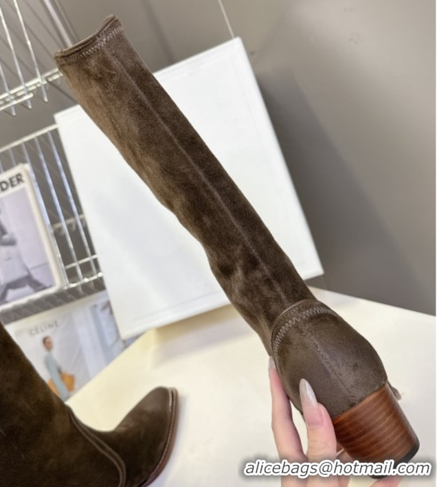 Best Product Celine Suede Heel Mid Boots 4.5cm with Stitches Dark Brown 2025 CE082608