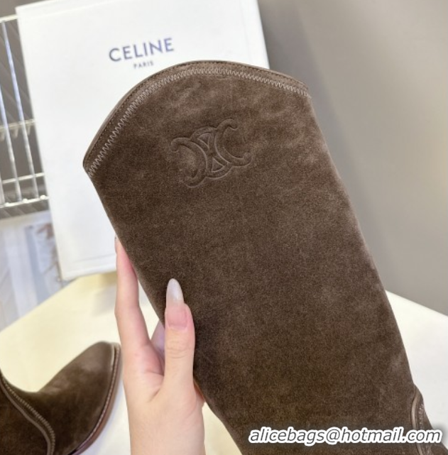 Best Product Celine Suede Heel Mid Boots 4.5cm with Stitches Dark Brown 2025 CE082608
